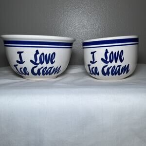 2 I Love Ice Cream Stoneware Heavy Crock Style Bowls by Clay Design Blue Stripe